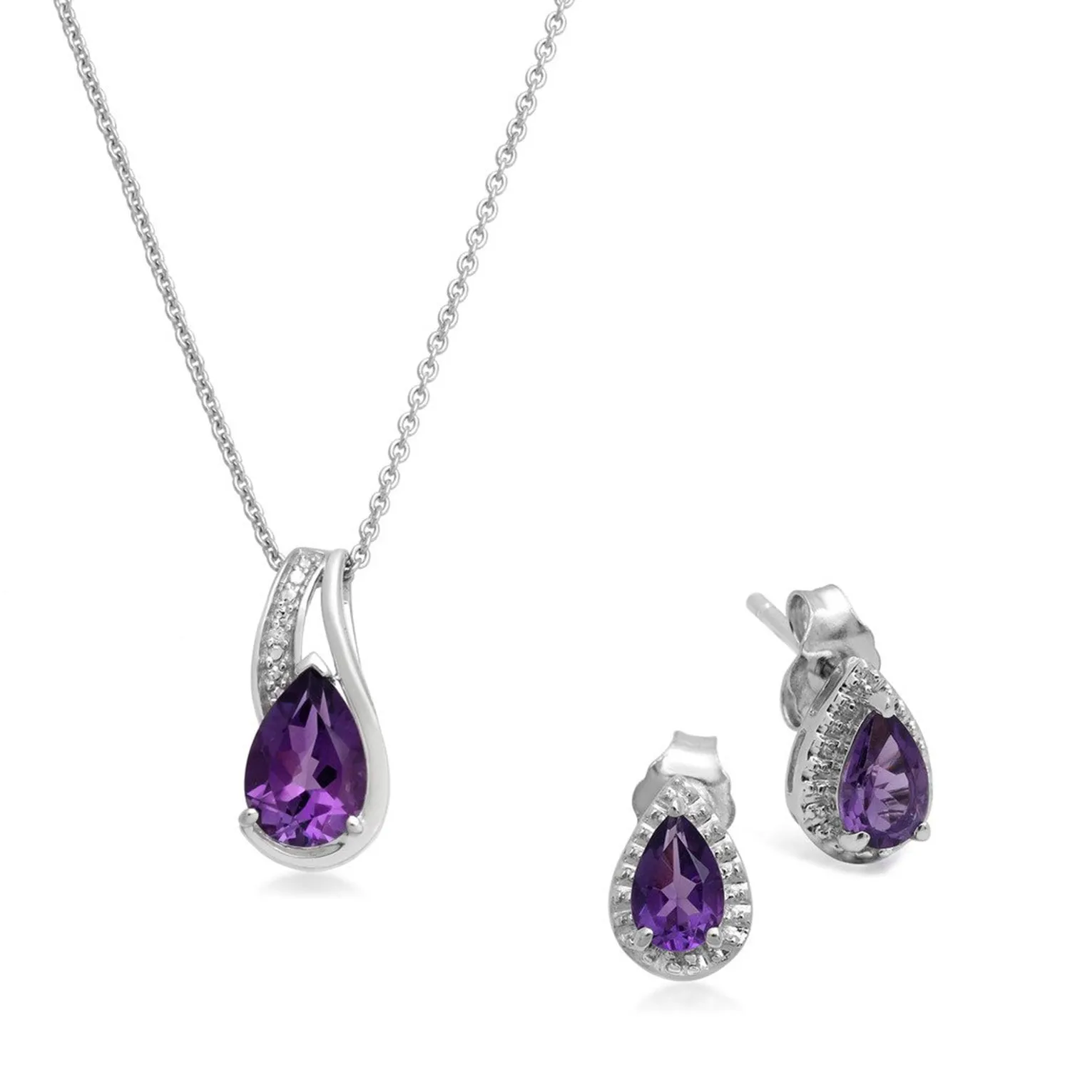 Jewelili Sterling Silver with Pear Amethyst and Diamonds Teardrop Jewelry Set