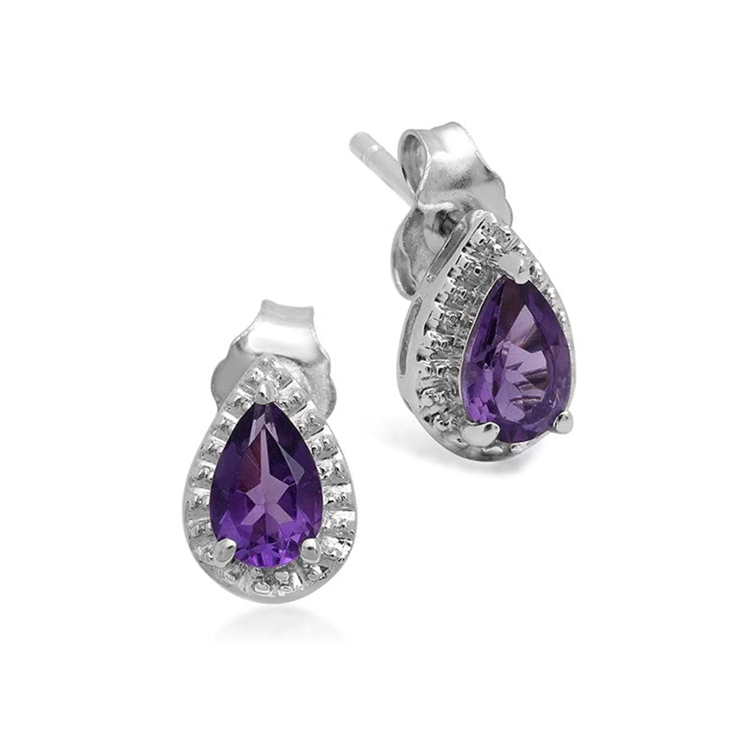 Jewelili Sterling Silver with Pear Amethyst and Diamonds Teardrop Jewelry Set