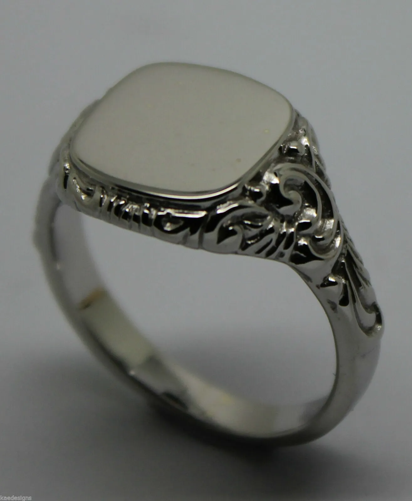 Kaedesigns, Size S Genuine Large Mens 9ct White Gold Square Engraved Signet Ring