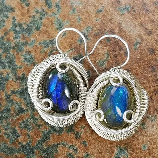 Labradorite Wire Wrapped Silver Earrings