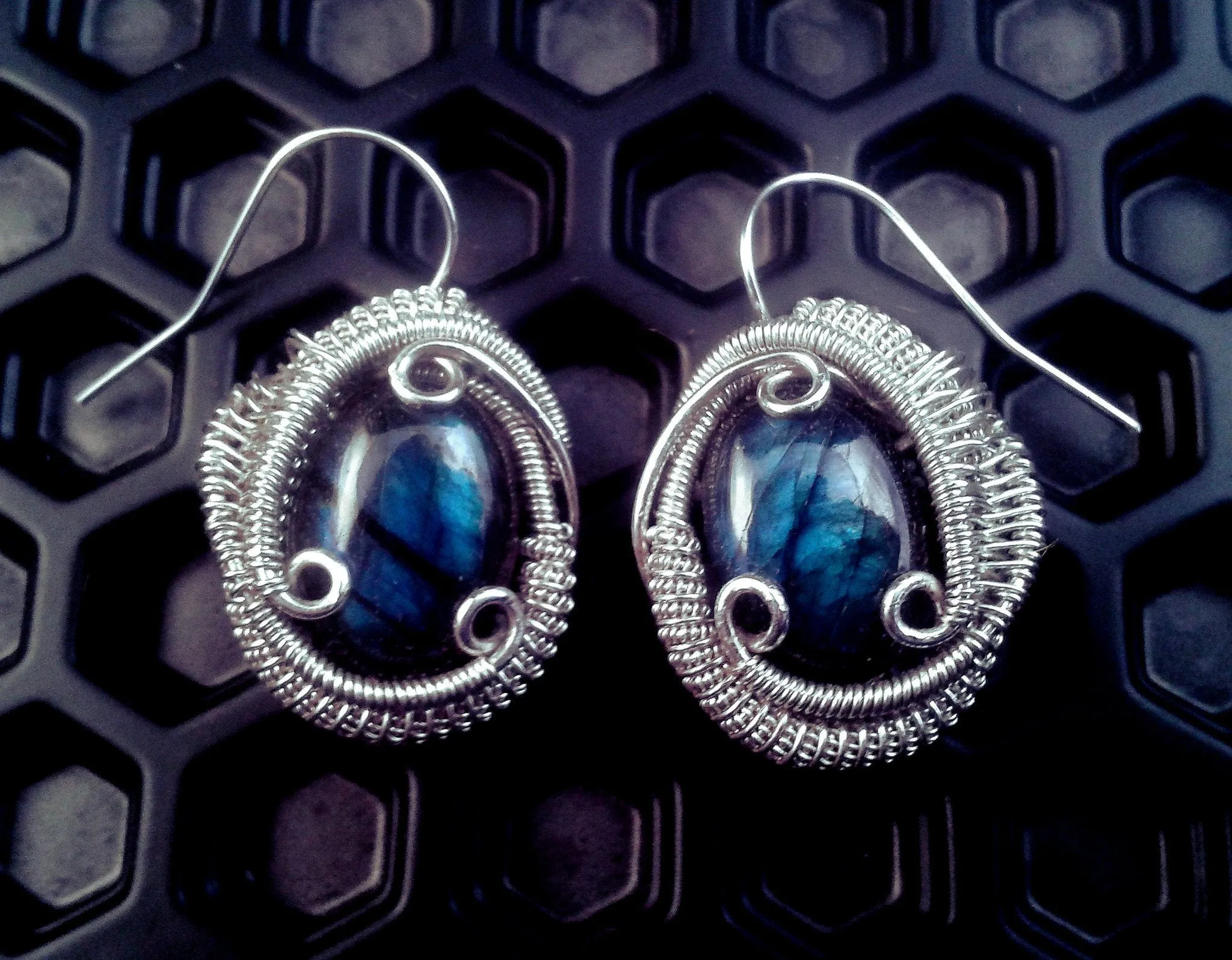 Labradorite Wire Wrapped Silver Earrings