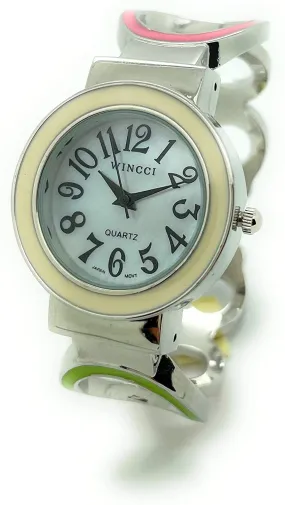 Ladies Circle Enamel Bangle Cuff Fashion Watch Pearl Dial Wincci