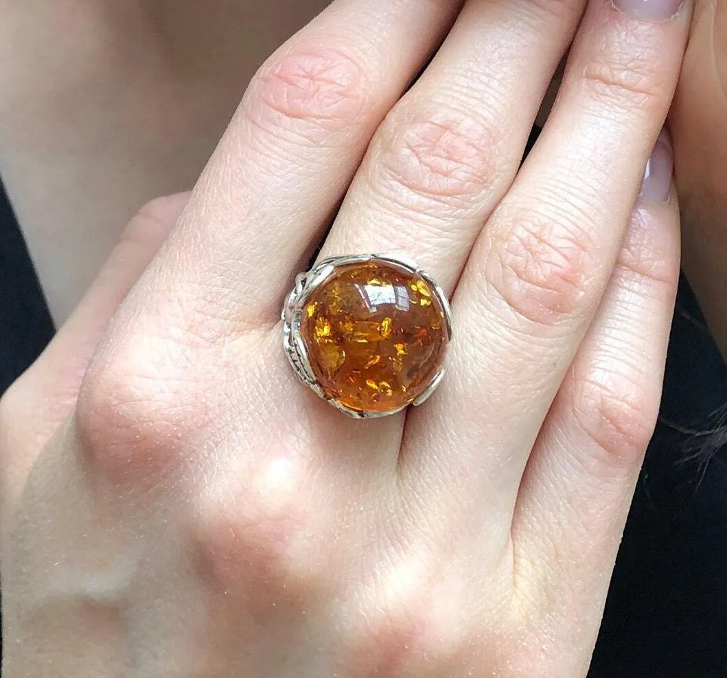 Large Amber Ring - Genuine Amber Ring - Vintage Cocktail Ring