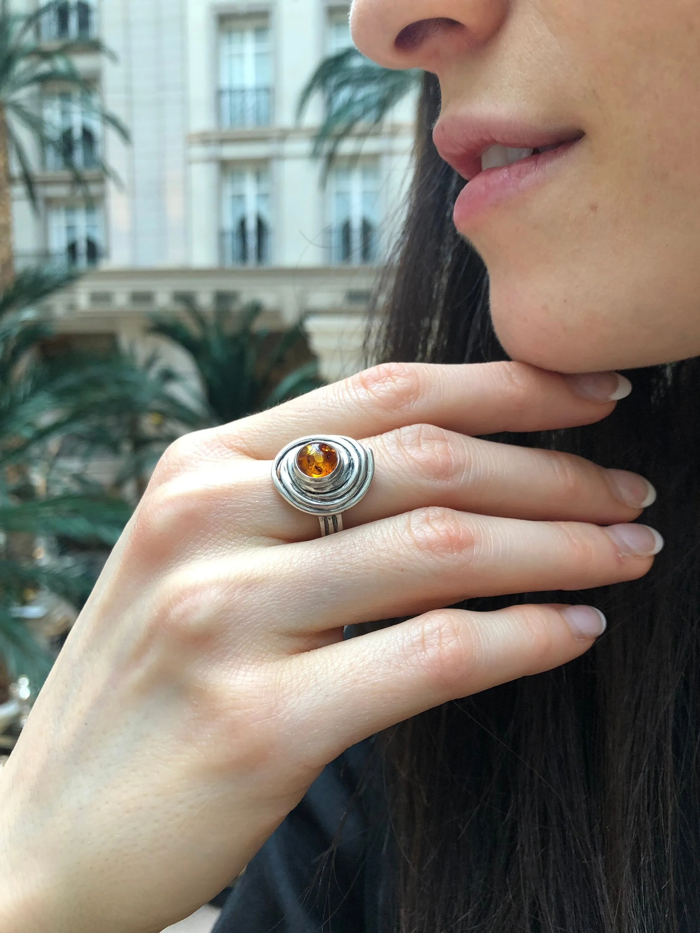 Large Amber Ring - Vintage Statement Ring - Swirl Solitaire Ring