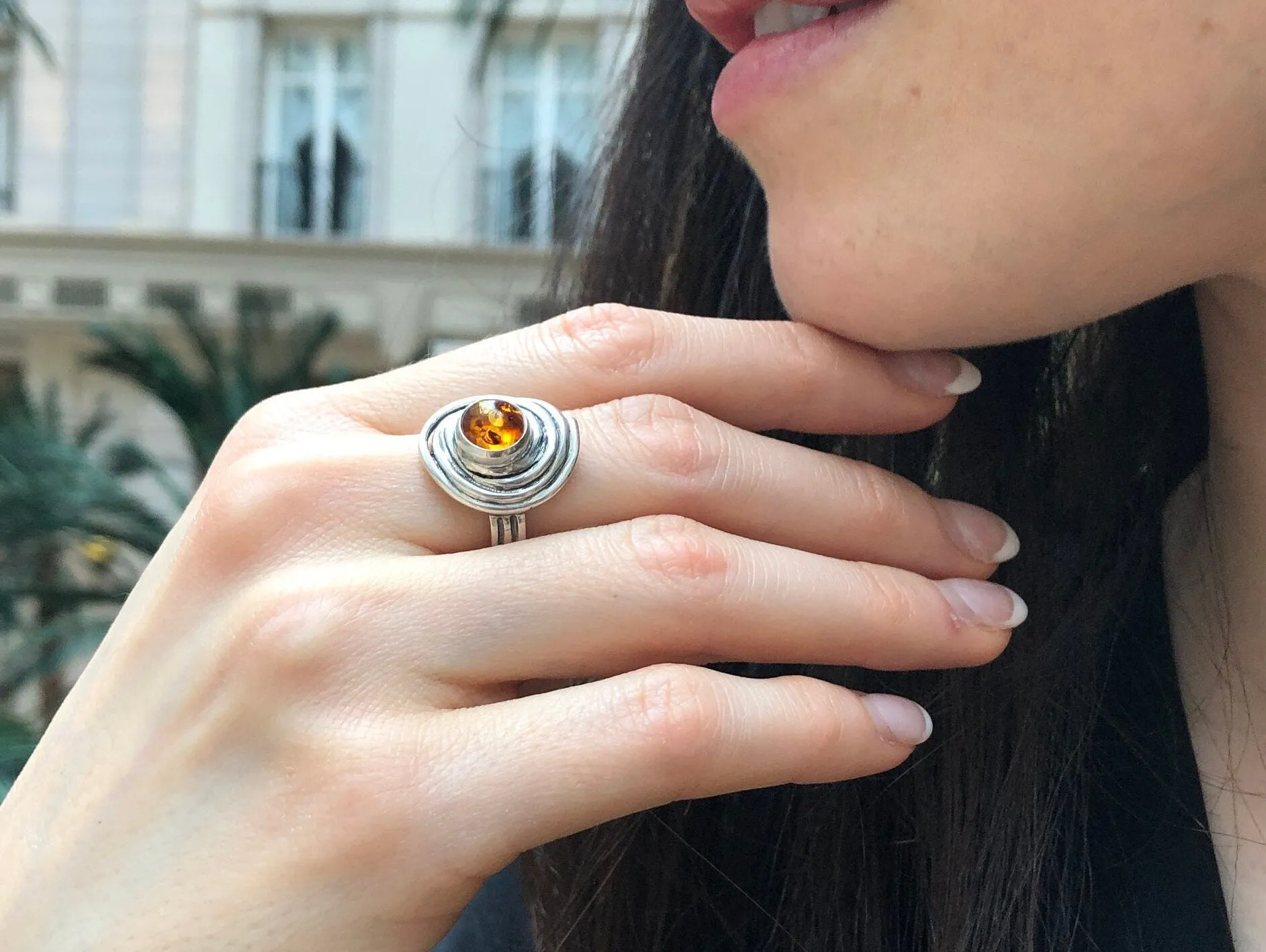 Large Amber Ring - Vintage Statement Ring - Swirl Solitaire Ring