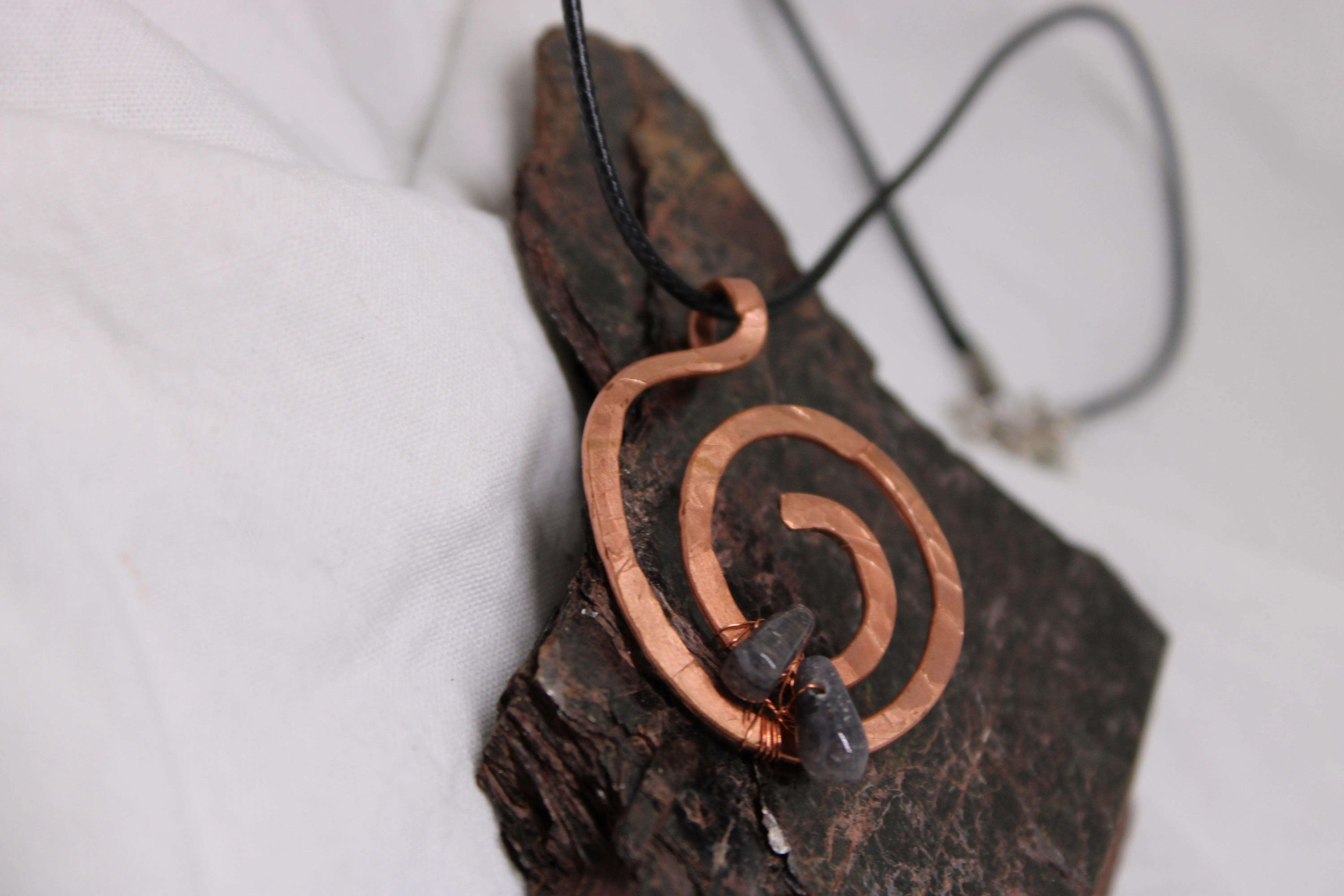 Large Hammered Copper Pendant with Iolite Stones