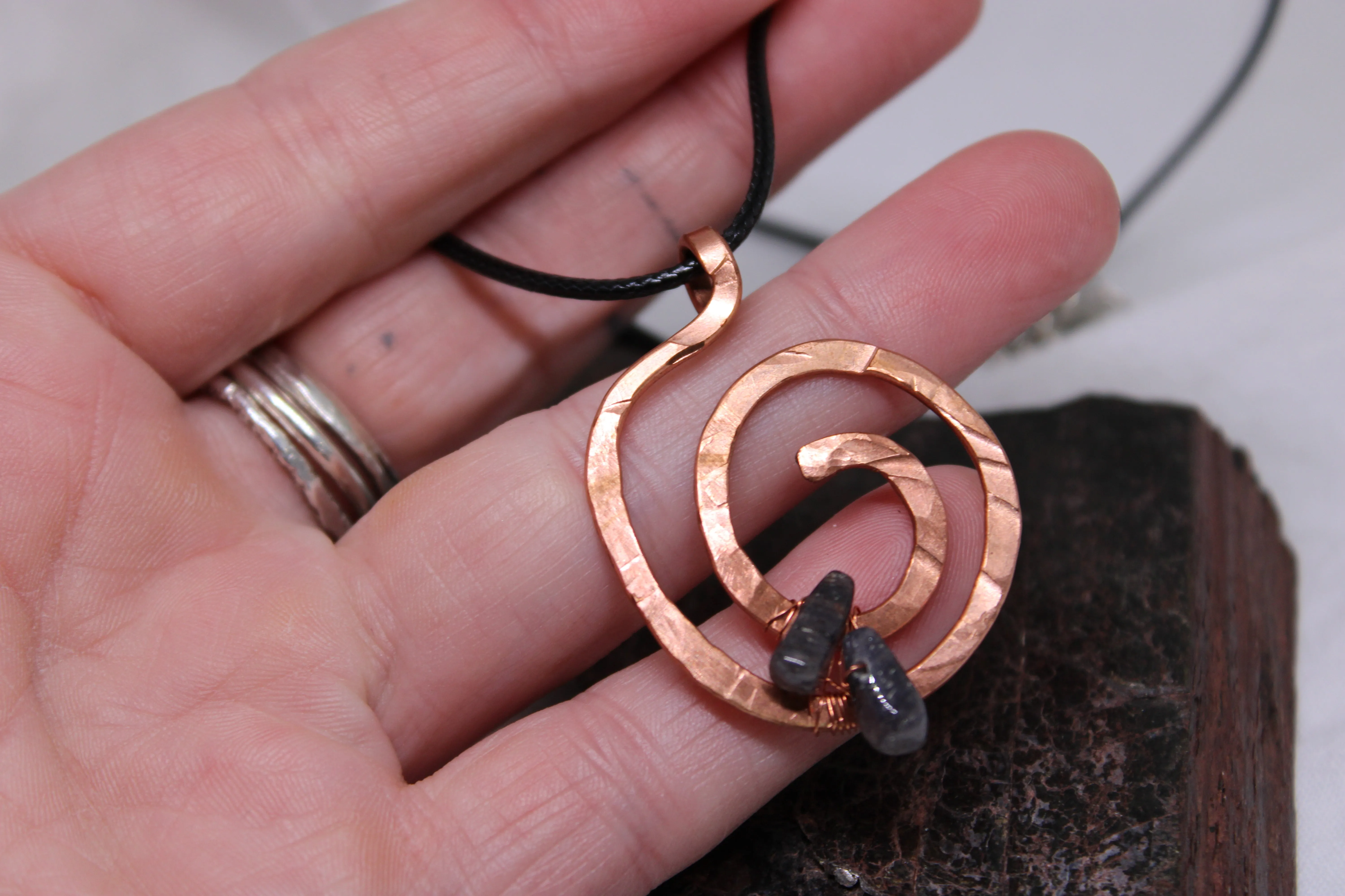 Large Hammered Copper Pendant with Iolite Stones