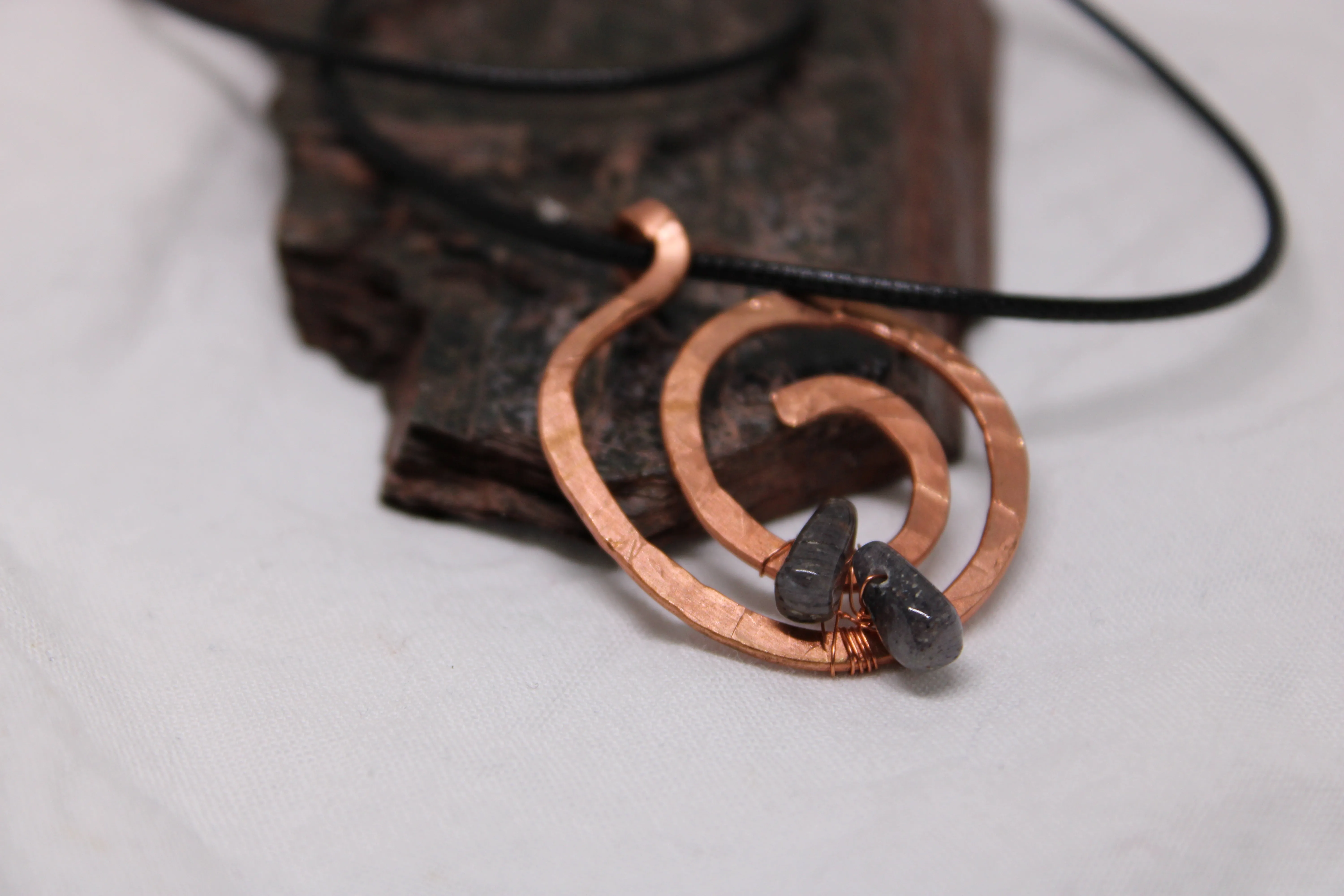 Large Hammered Copper Pendant with Iolite Stones