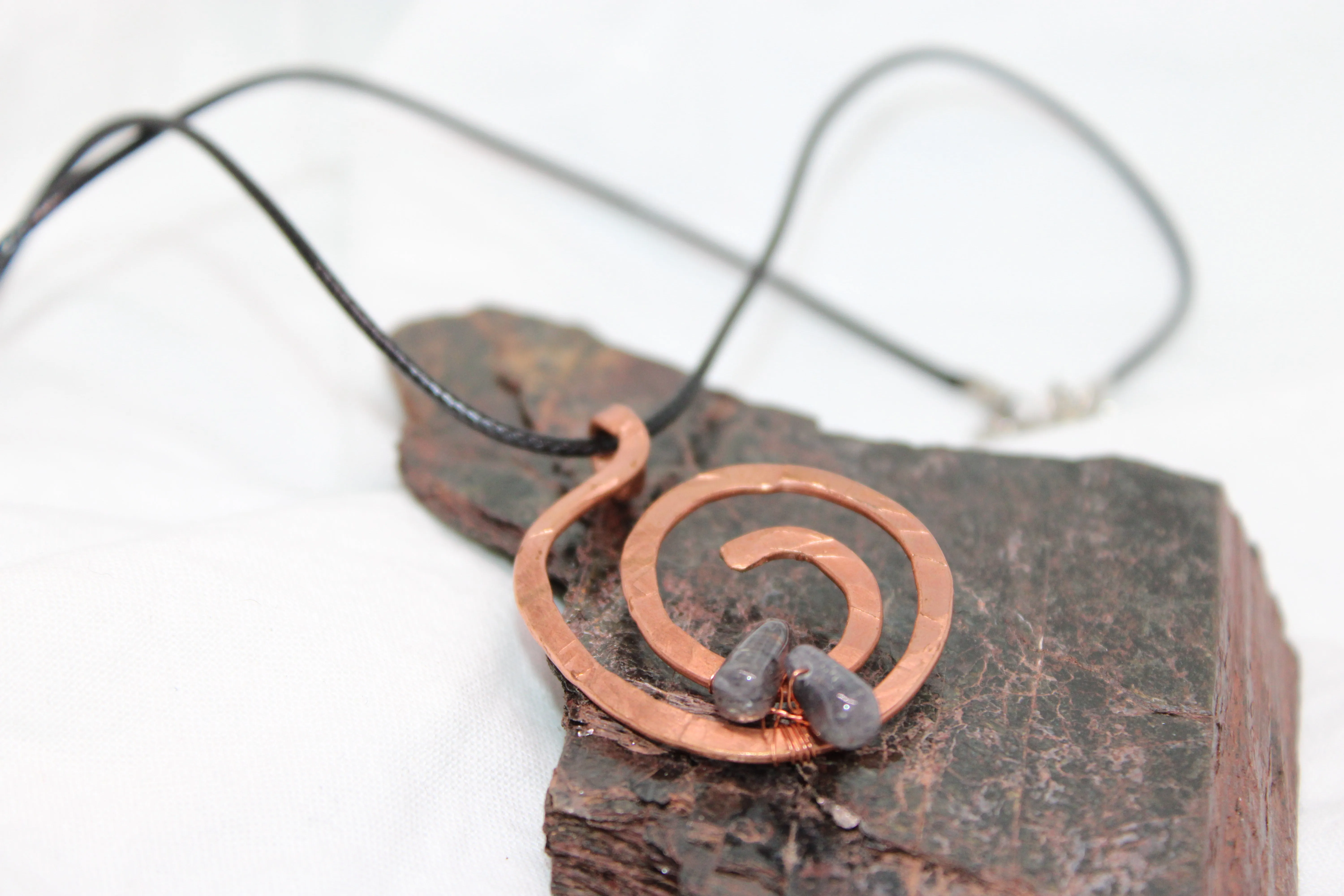 Large Hammered Copper Pendant with Iolite Stones