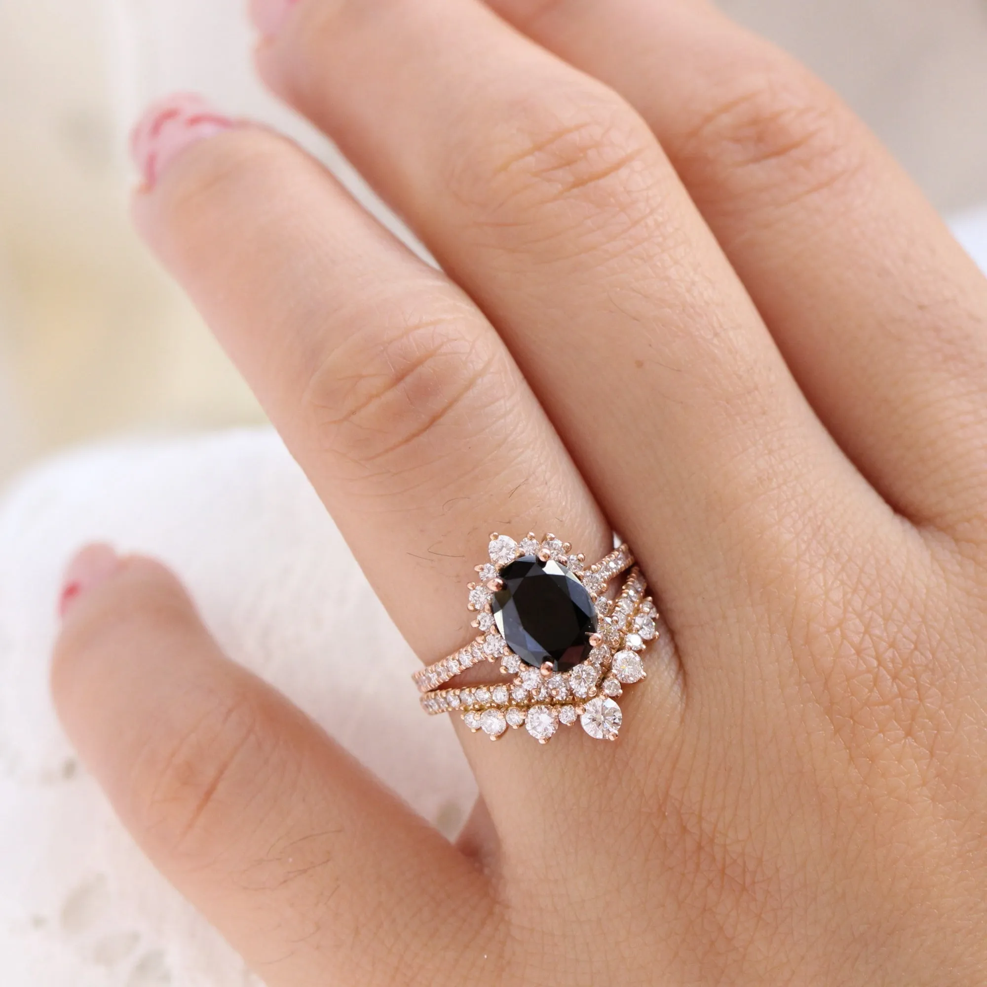 Large Oval Black Diamond Ring in Tiara Halo Diamond Pave Band