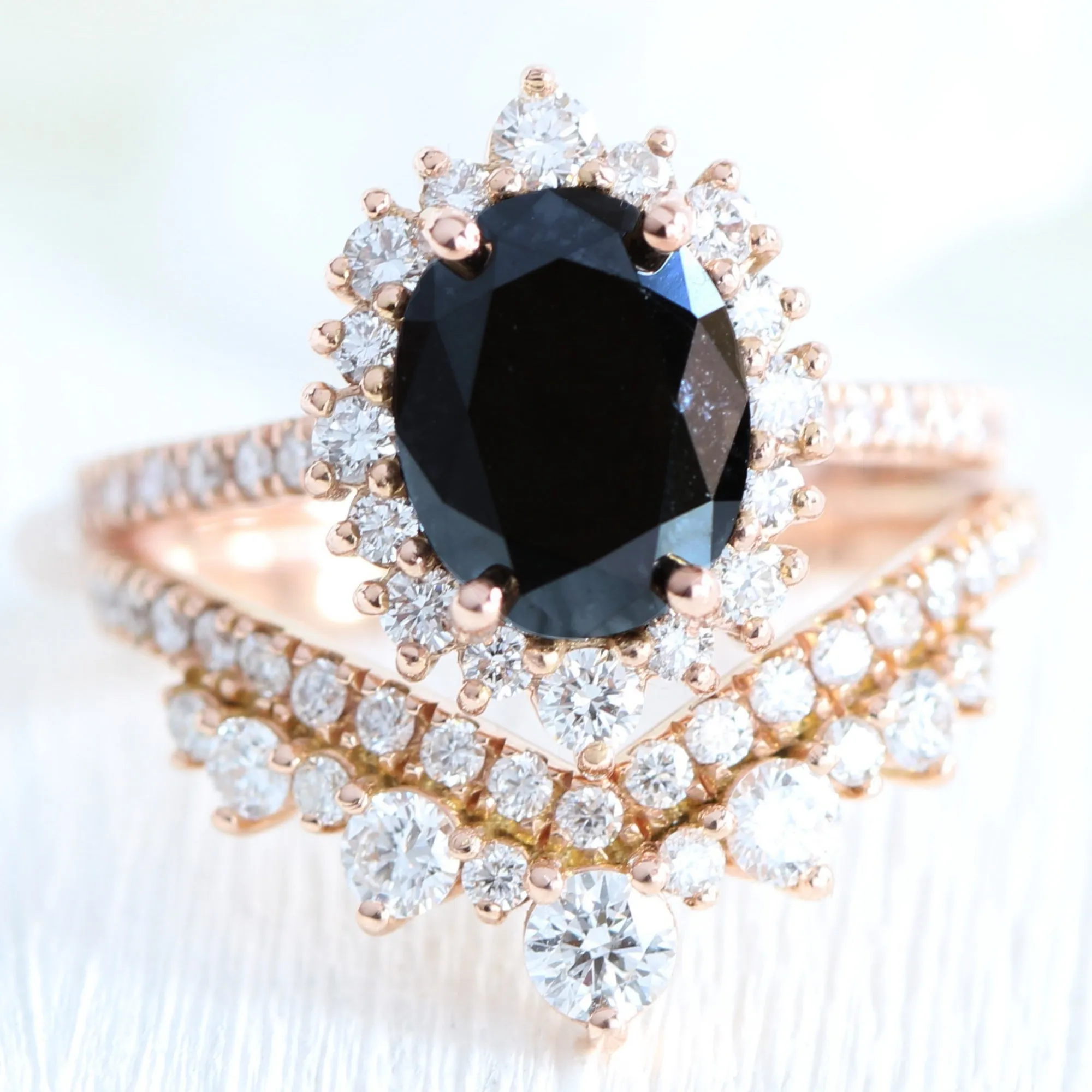 Large Oval Black Diamond Ring in Tiara Halo Diamond Pave Band