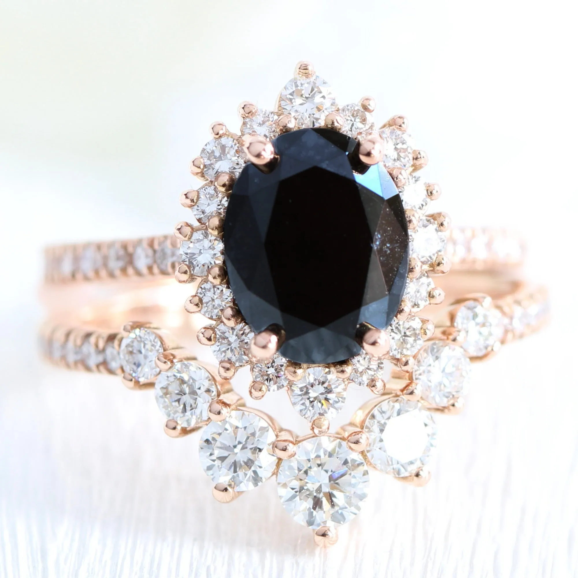 Large Oval Black Diamond Ring in Tiara Halo Diamond Pave Band