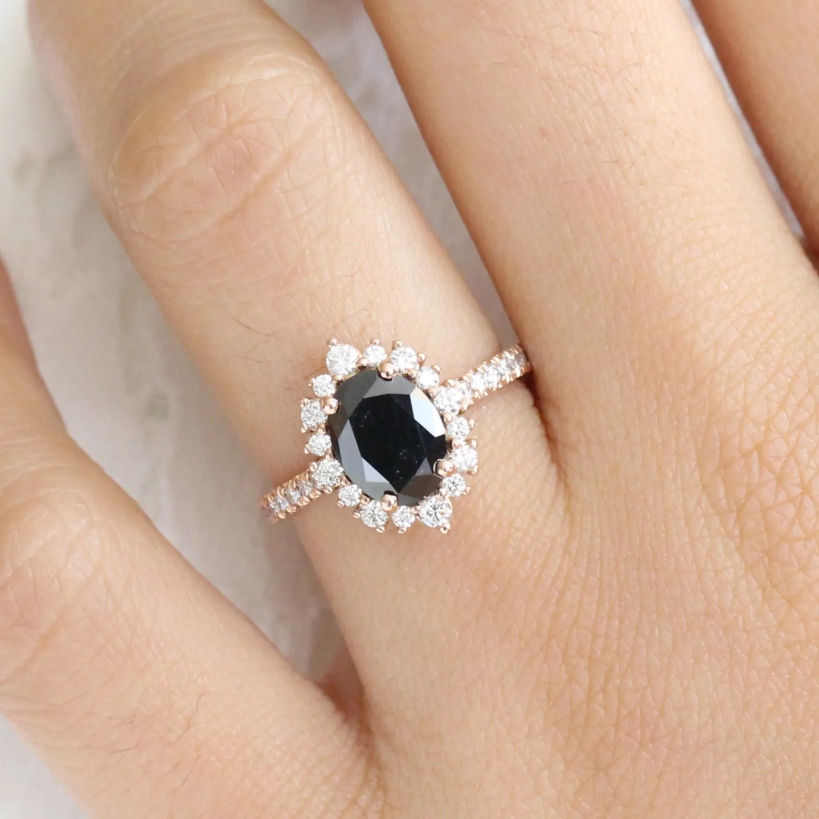 Large Oval Black Diamond Ring in Tiara Halo Diamond Pave Band