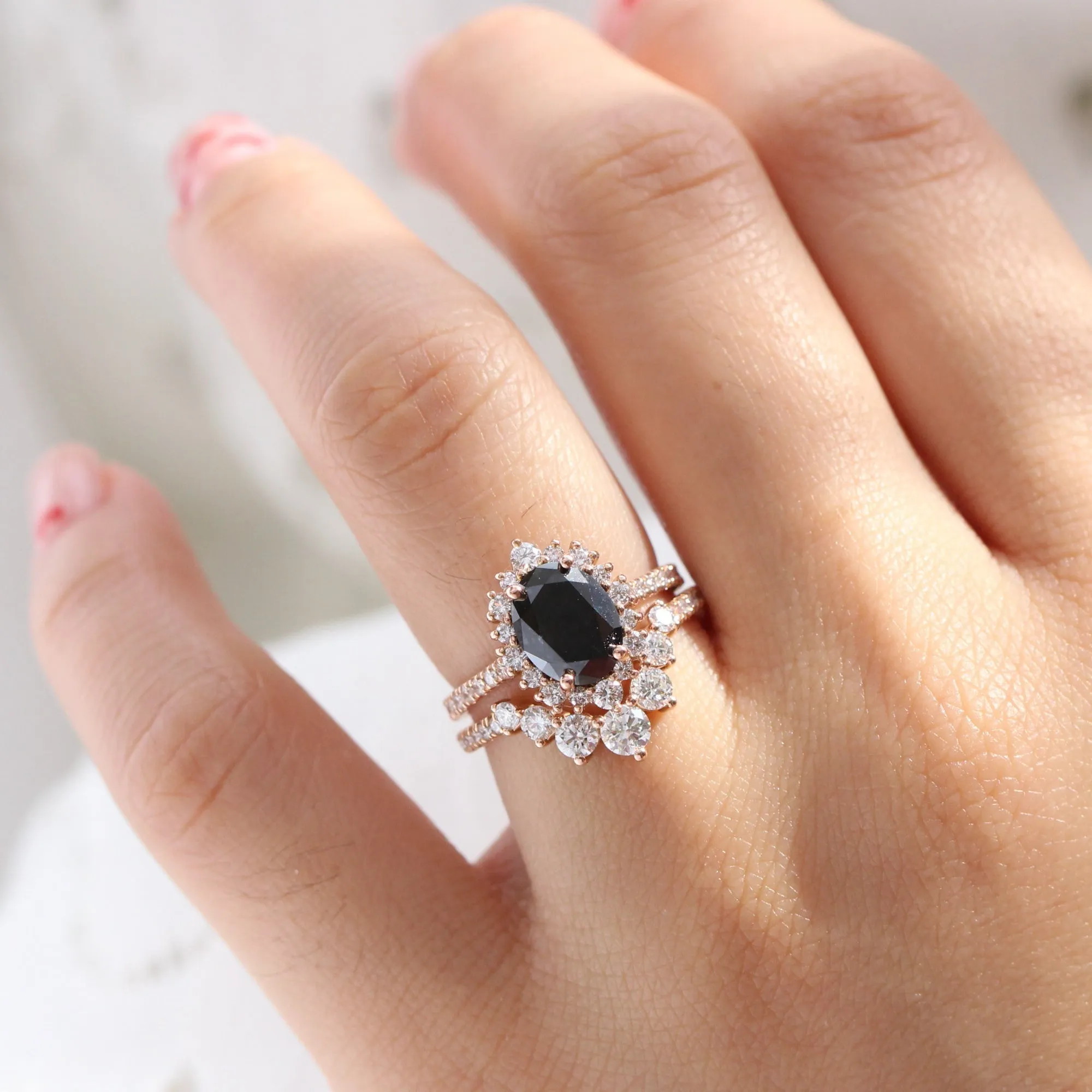 Large Oval Black Diamond Ring in Tiara Halo Diamond Pave Band