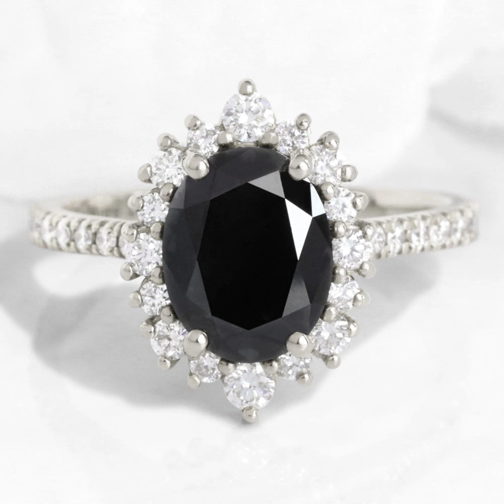 Large Oval Black Diamond Ring in Tiara Halo Diamond Pave Band