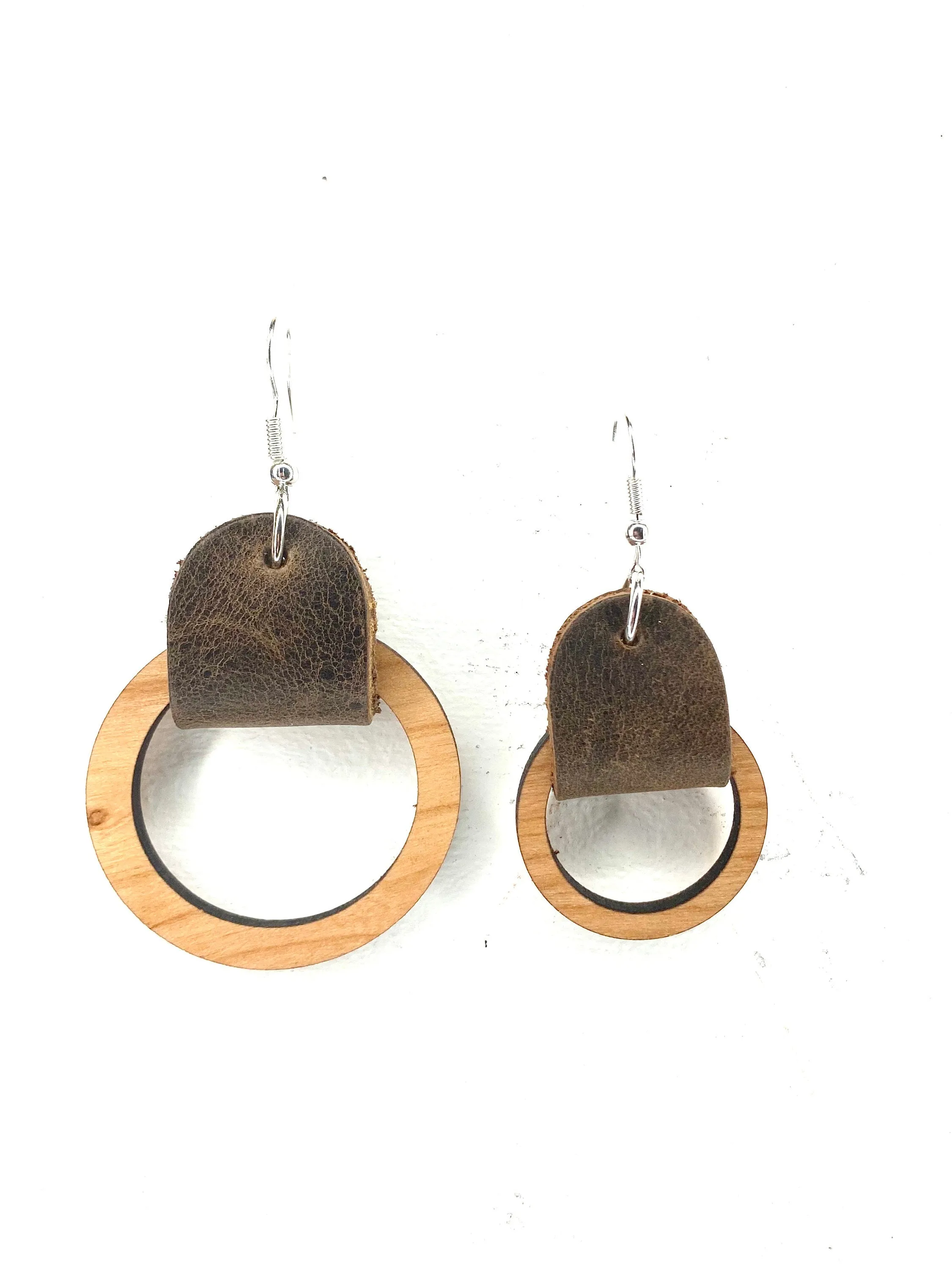 Leather and Wood Dangle Earring Boho Earring Circle Cut Out Drop Earring Round Leather Earring Christmas Gift for Teacher Large and Small