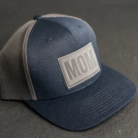 Leather Patch Performance Style Trucker Hat - Mom Stamp - Block Font