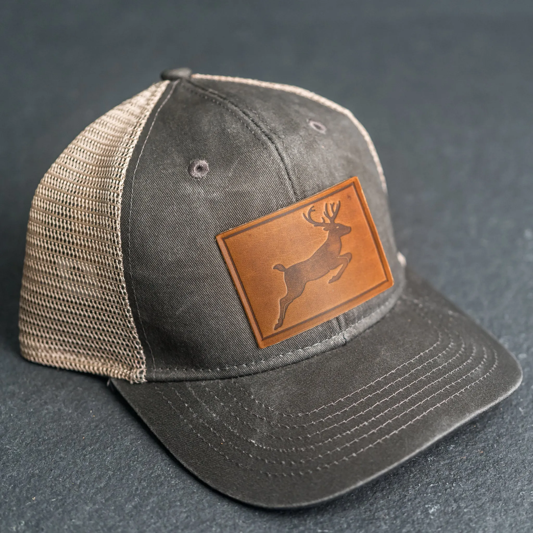 Leather Patch Ponytail Style Hat - Deer Stamp