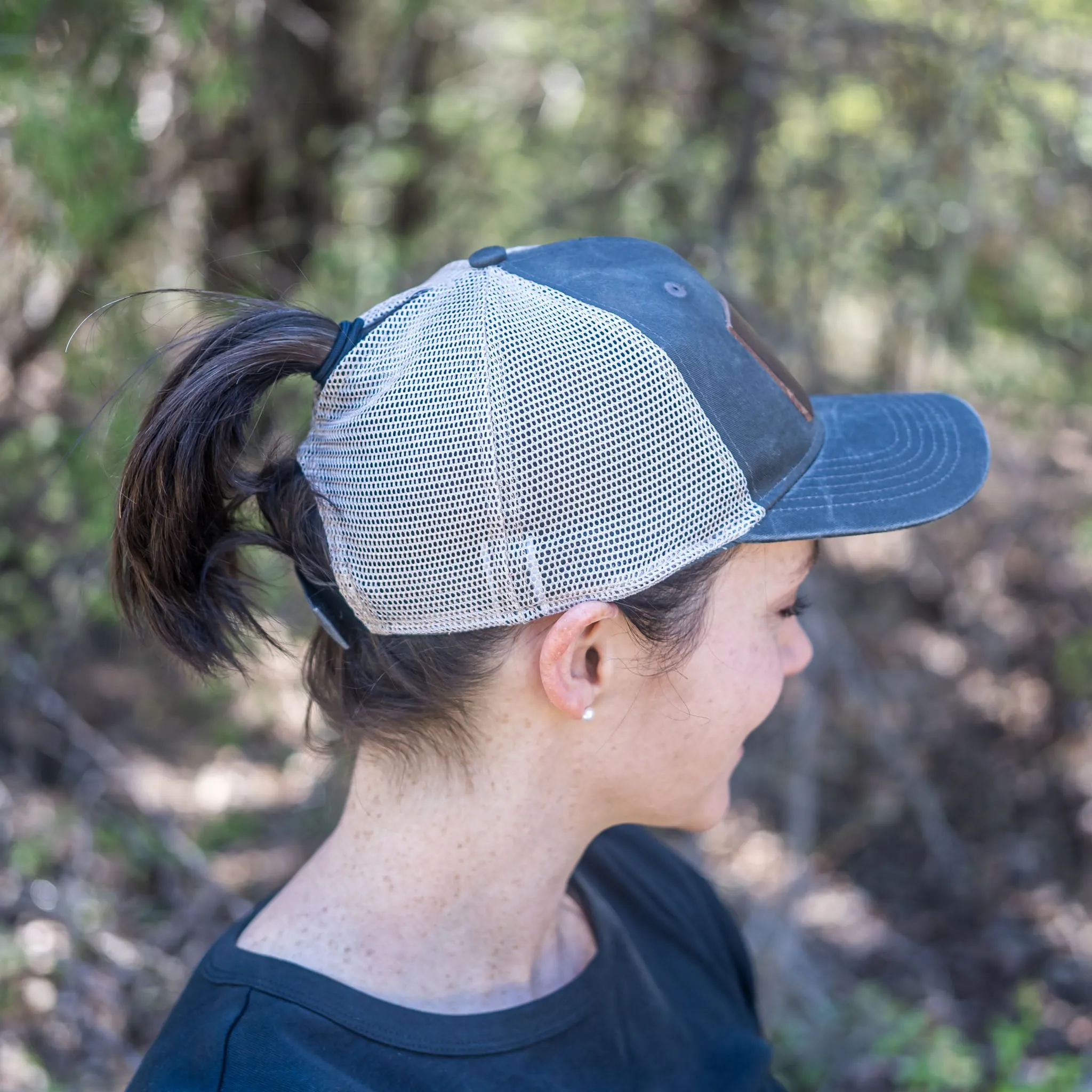 Leather Patch Ponytail Style Hat - Deer Stamp