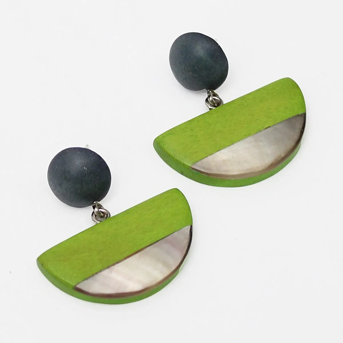 Lime Wood and Shell Half Moon Earrings