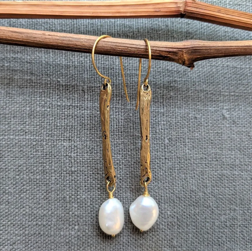 Long Baroque Pearl Rustic Bar Earrings