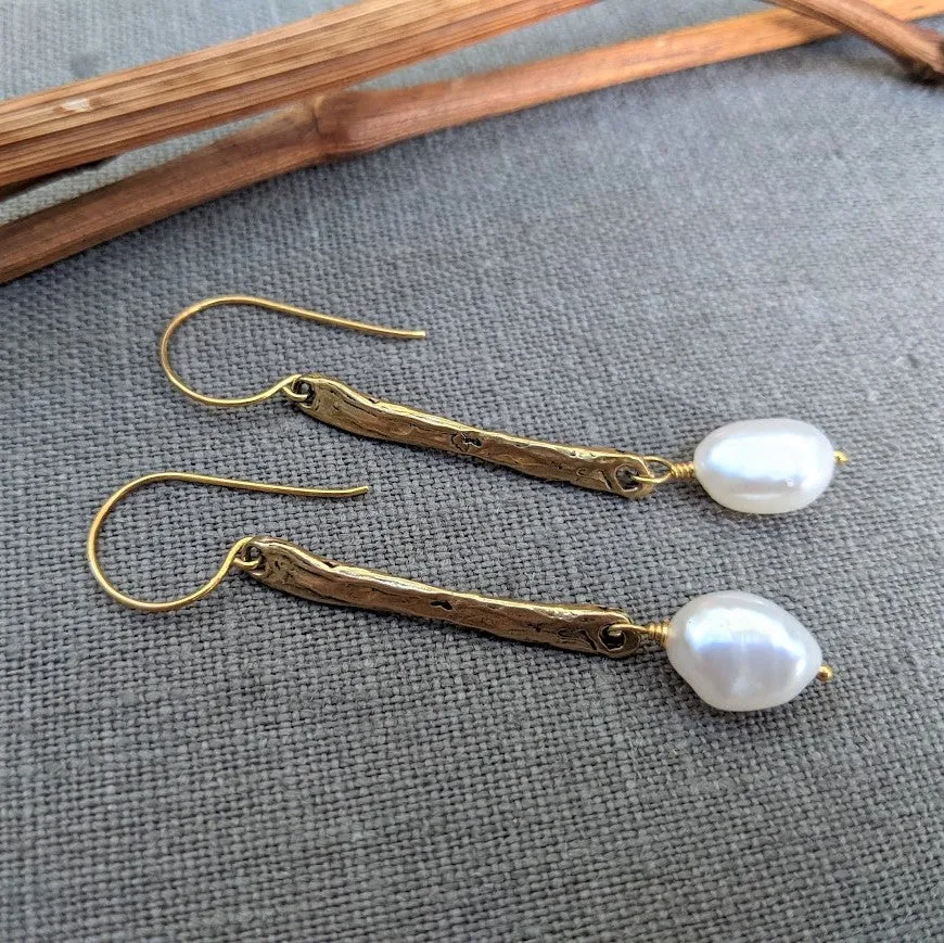 Long Baroque Pearl Rustic Bar Earrings