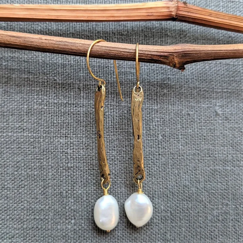 Long Baroque Pearl Rustic Bar Earrings