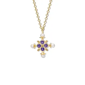 Madrid Large Cross Pendant Yellow Gold - Amethyst & Pearl