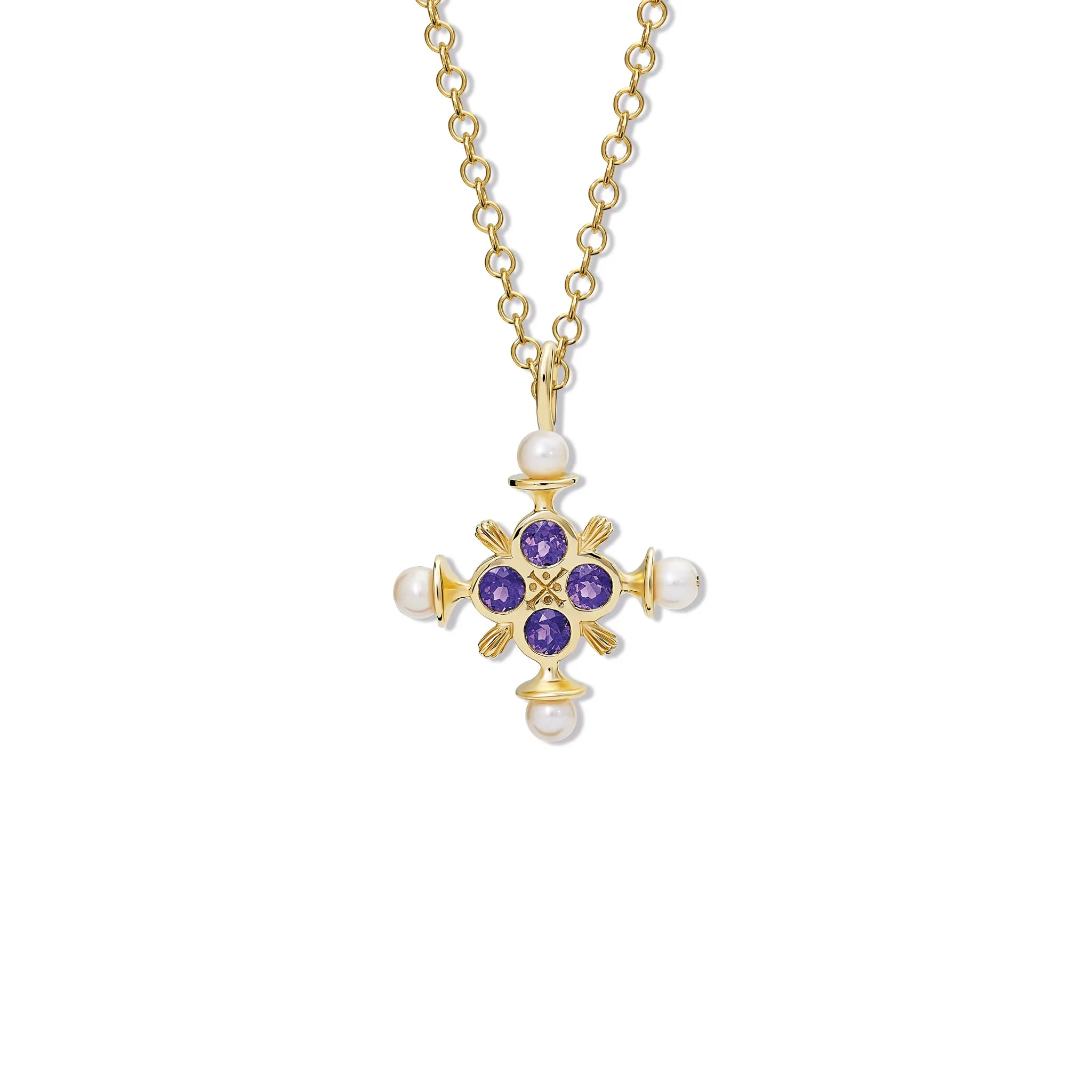 Madrid Large Cross Pendant Yellow Gold - Amethyst & Pearl