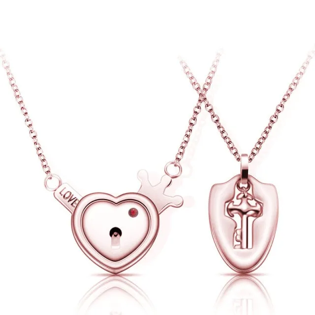 Matching Puzzle Couple Heart Lock Bracelet and Key Pendant Necklace for Lover Jewelry Gift