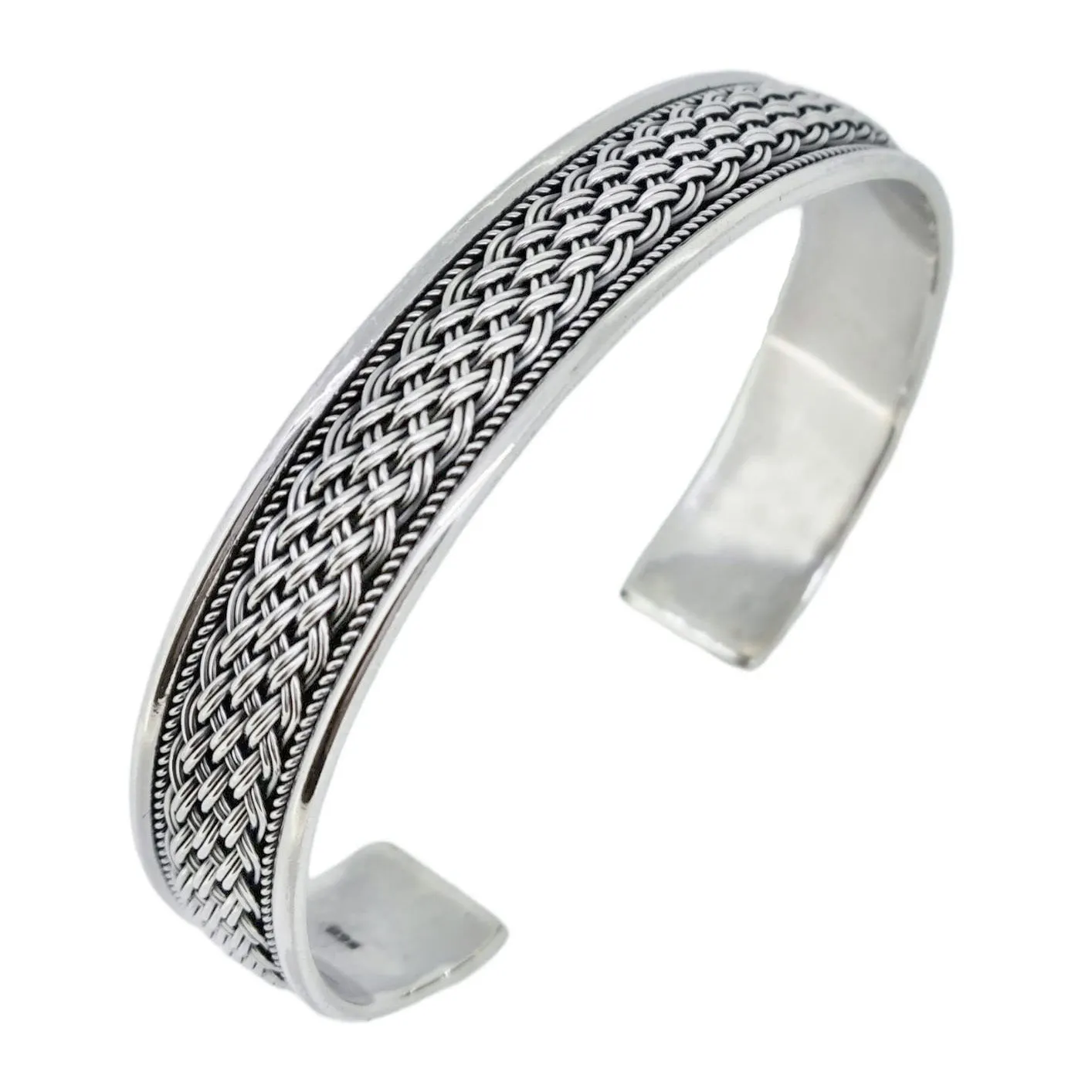 Men’s Braided Sterling Silver Cuff Bangle Bracelet | Adjustable 925 Silver Statement Bracelet – Gift Boxed