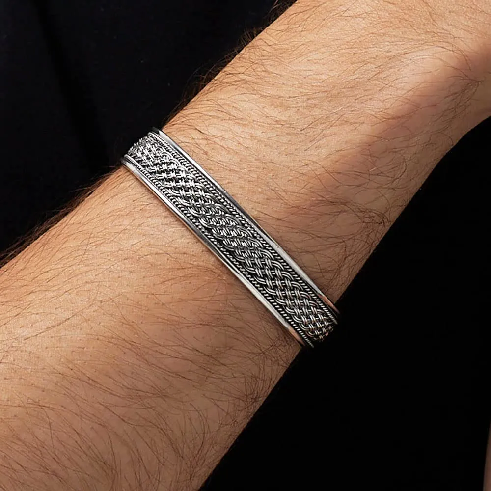 Men’s Braided Sterling Silver Cuff Bangle Bracelet | Adjustable 925 Silver Statement Bracelet – Gift Boxed