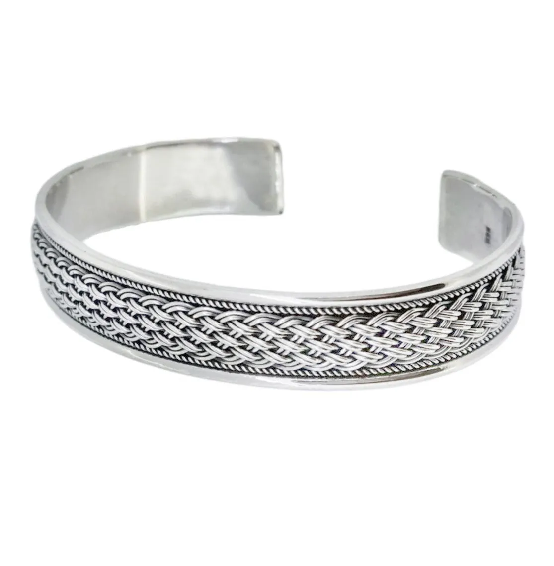 Men’s Braided Sterling Silver Cuff Bangle Bracelet | Adjustable 925 Silver Statement Bracelet – Gift Boxed