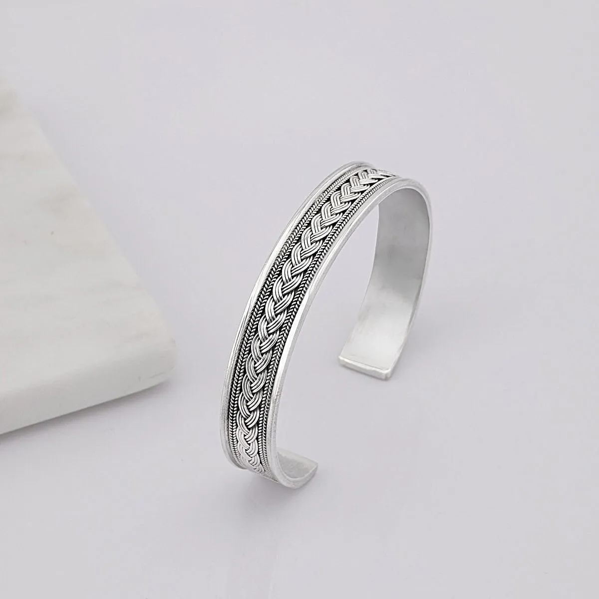 Men's Silver Bangle Bracelet | Classic Braided 925 Sterling Silver Bangle Cuff For Gent