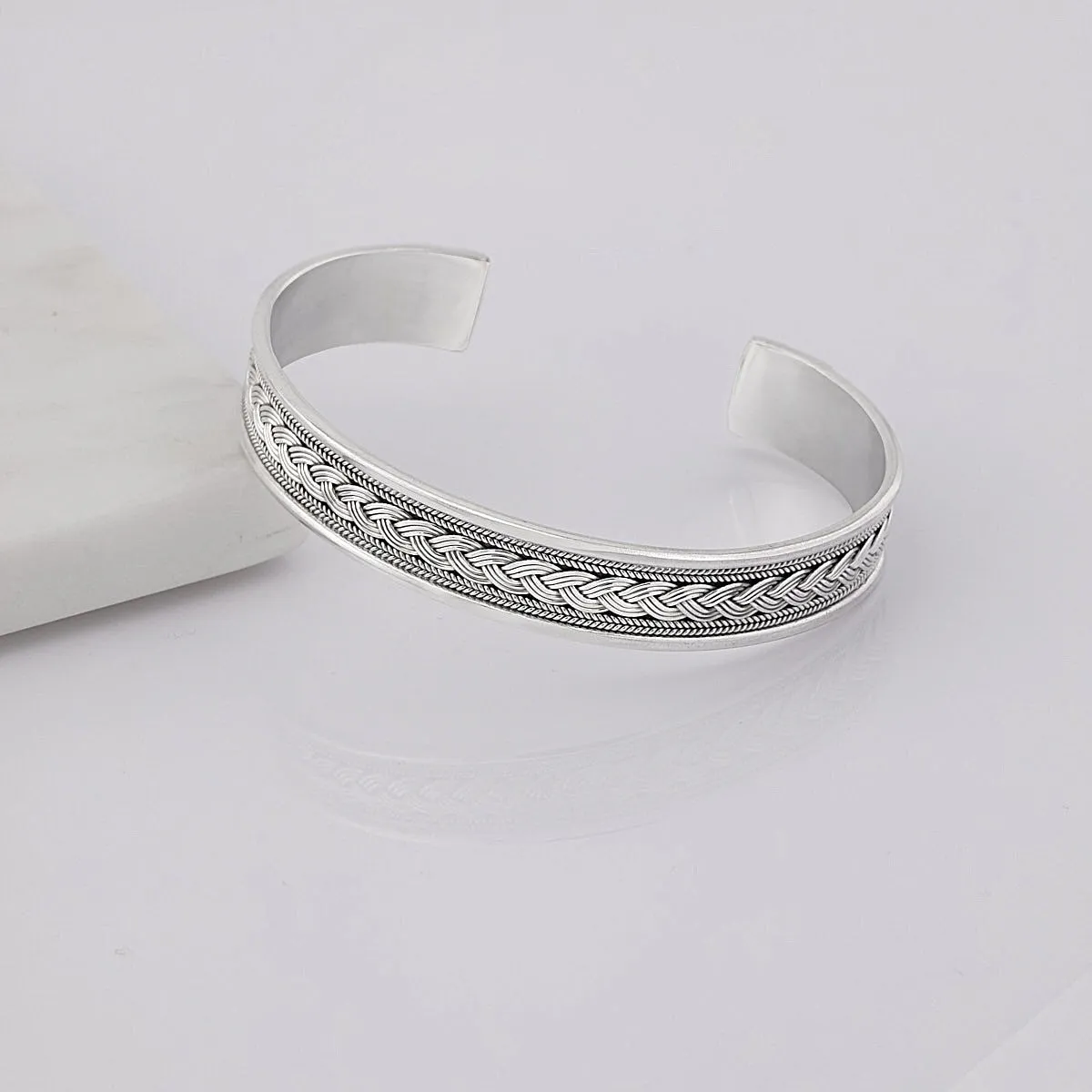 Men's Silver Bangle Bracelet | Classic Braided 925 Sterling Silver Bangle Cuff For Gent