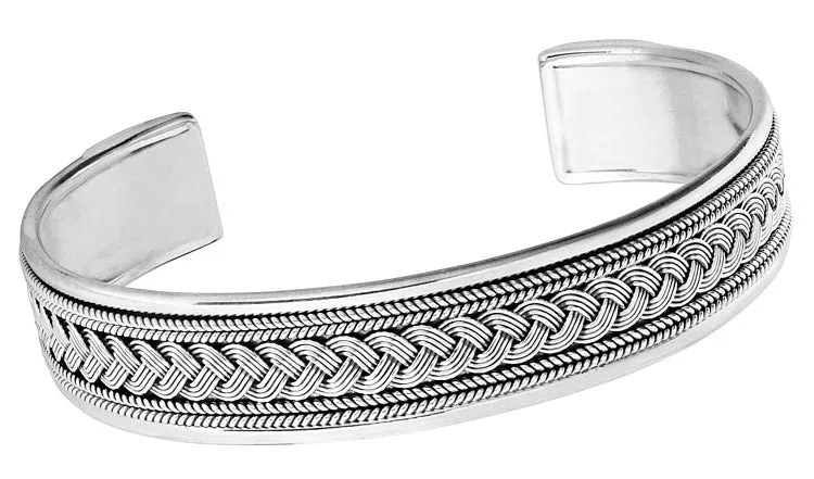 Men's Silver Bangle Bracelet | Classic Braided 925 Sterling Silver Bangle Cuff For Gent