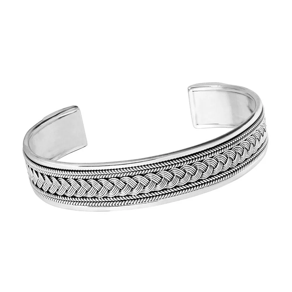 Men's Silver Bangle Bracelet | Classic Braided 925 Sterling Silver Bangle Cuff For Gent