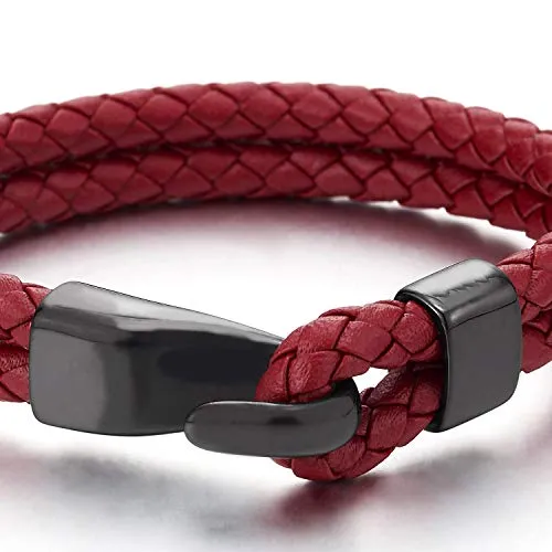 Mens Womens Two-Row Red Braided Leather Bangle Bracelet Wristband with Black Steel Hook Clasp