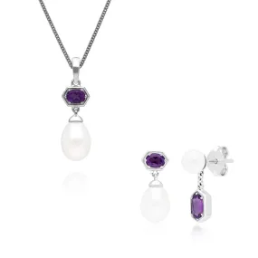 Moderne Perle & Amethyst Tropfen Ohrring & Anhänger Satz in Sterling Silber