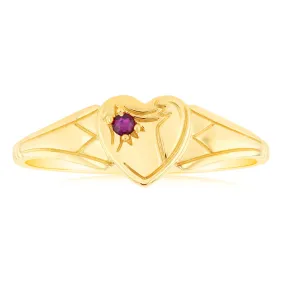 Natural Ruby Heart Signet Ring in 9ct Yellow Gold