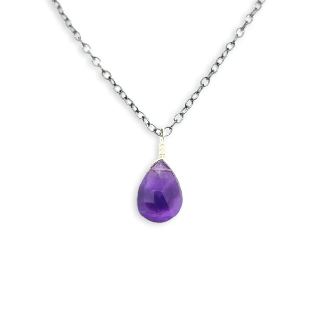 Necklace - Passiflora Amethyst Gemstone Oxidized Sterling Drop by Foamy Wader