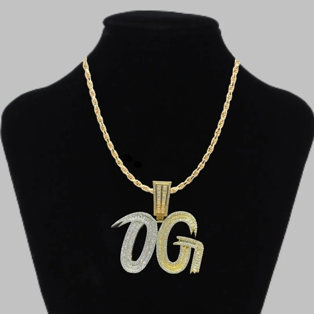 OG Baguette Duo Color Iced Out Letter Diamond Pendant Necklace