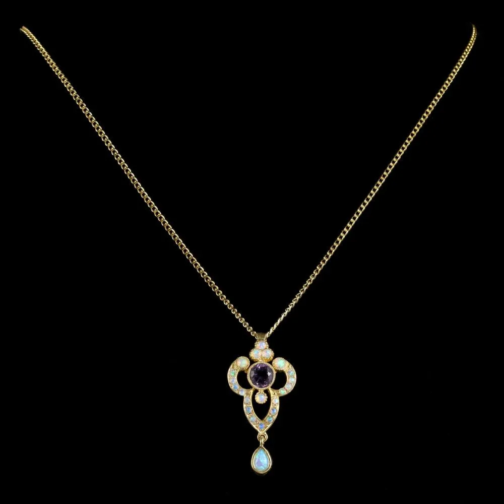 Opal And Amethyst Pendant Necklace 9Ct Gold On Silver