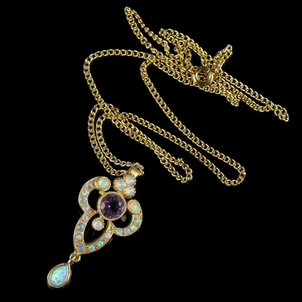 Opal And Amethyst Pendant Necklace 9Ct Gold On Silver