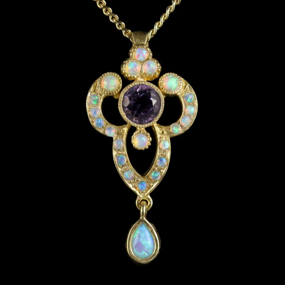 Opal And Amethyst Pendant Necklace 9Ct Gold On Silver