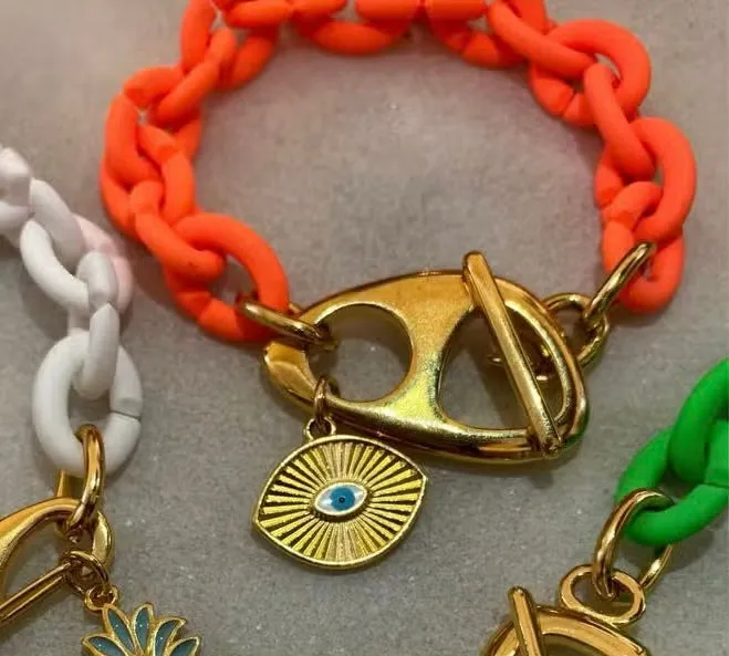 Orange Acrylic Chain Evil Eye Bracelet