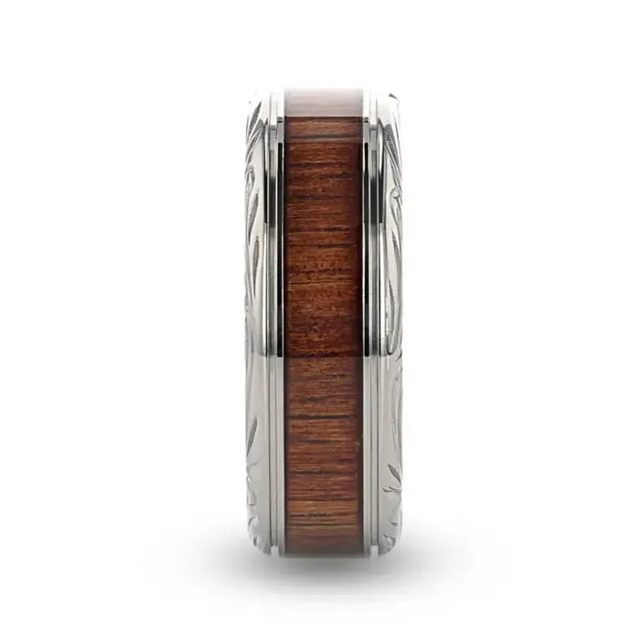 Orlando Koa Wood Inlaid Titanium Wedding Band With Intricate Edges - 6mm - 10mm