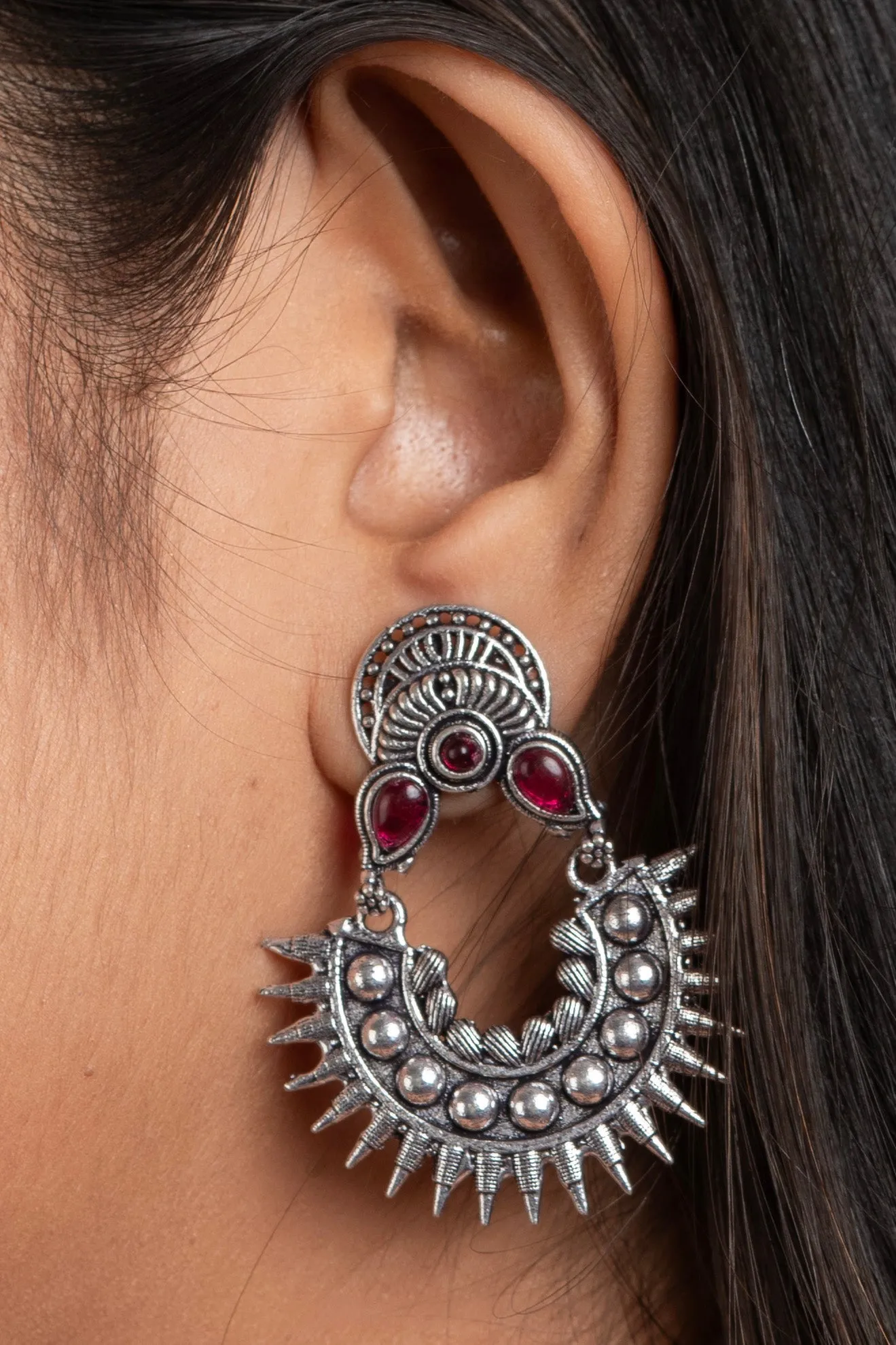 Oxidized Silver Pink Stud Chandbali Earrings - Non-Allergic, Ideal for All Occasions