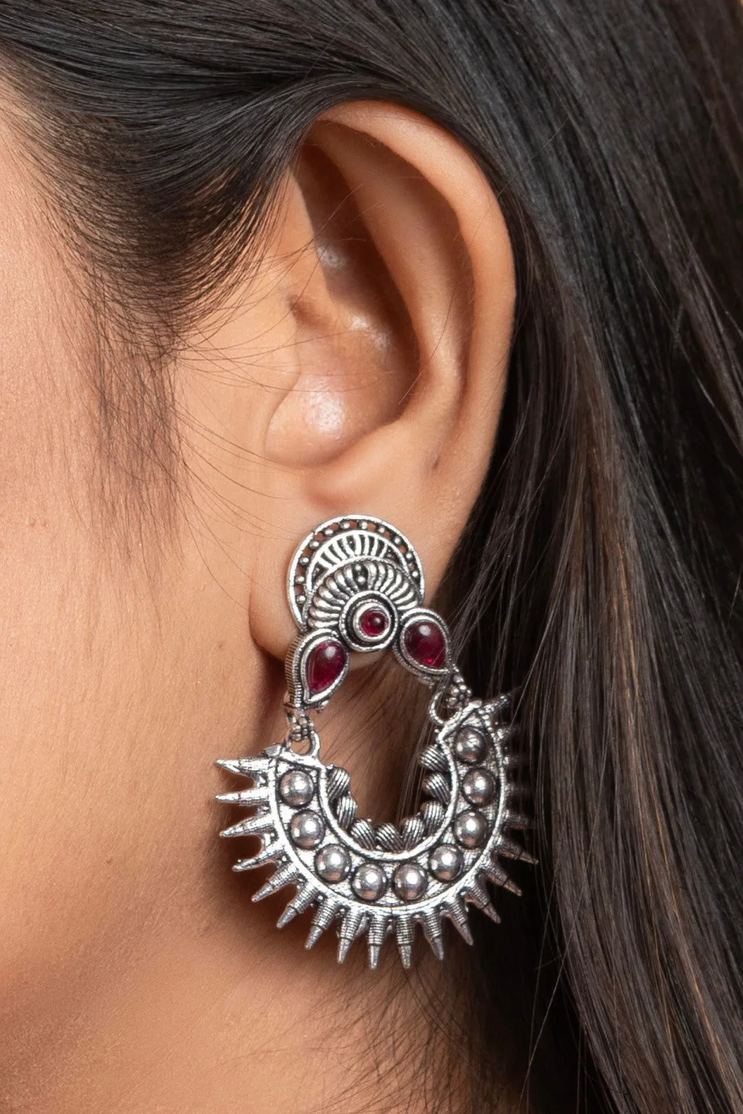 Oxidized Silver Pink Stud Chandbali Earrings - Non-Allergic, Ideal for All Occasions