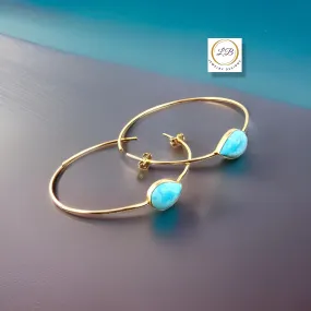 Pear-Shaped Larimar Gemstone Gold Hoop Earrings 2.25”